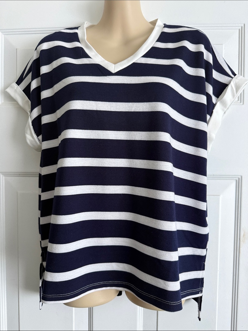 Cupio Navy and White Striped V-Neck Short Sleeve Top